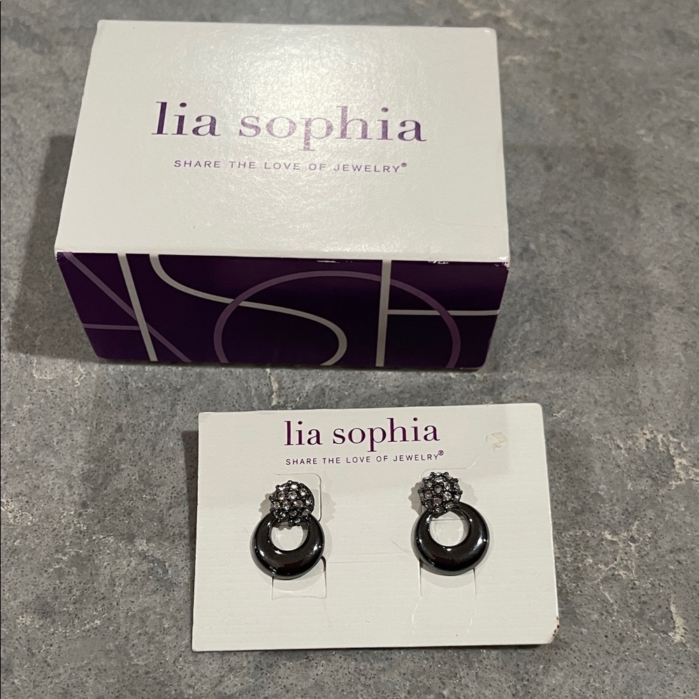 Lia Sophia Pave Drop Earrings. Gunmetal color and finish.